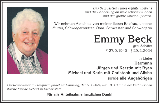Traueranzeige von Emmy Beck von Mittelhessen-Bote