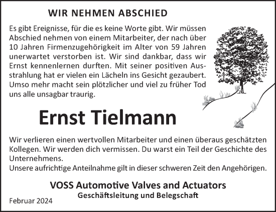 Traueranzeige von Ernst Tielmann von Mittelhessen-Bote