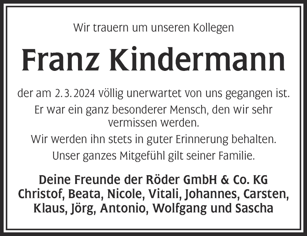  Traueranzeige für Franz Kindermann vom 09.03.2024 aus Gelnhäuser Neue Zeitung