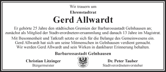 Traueranzeige von Gerd Allwardt von Gelnhäuser Neue Zeitung