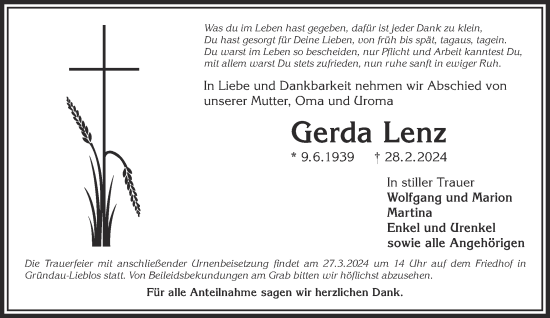 Traueranzeige von Gerda Lenz von Mittelhessen-Bote