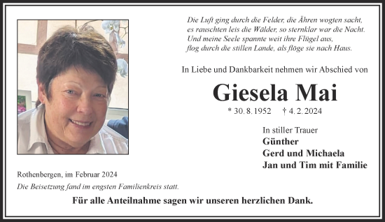 Traueranzeige von Giesela Mai von Gelnhäuser Neue Zeitung