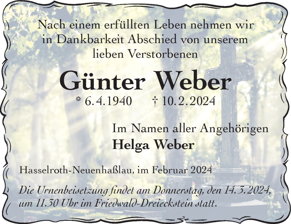  Traueranzeige für Günter Weber vom 02.03.2024 aus Gelnhäuser Neue Zeitung