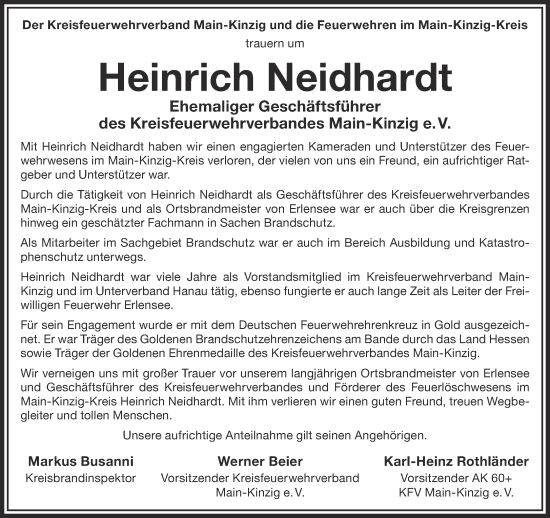 Traueranzeige von Heinrich Neidhardt von Gelnhäuser Neue Zeitung
