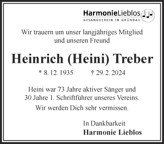 Traueranzeige von Heinrich Treber von Gelnhäuser Neue Zeitung