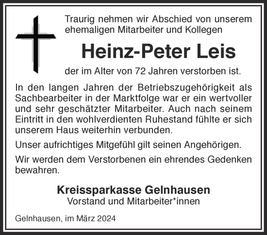 Traueranzeige von Heinz-Peter Leis von Gelnhäuser Neue Zeitung