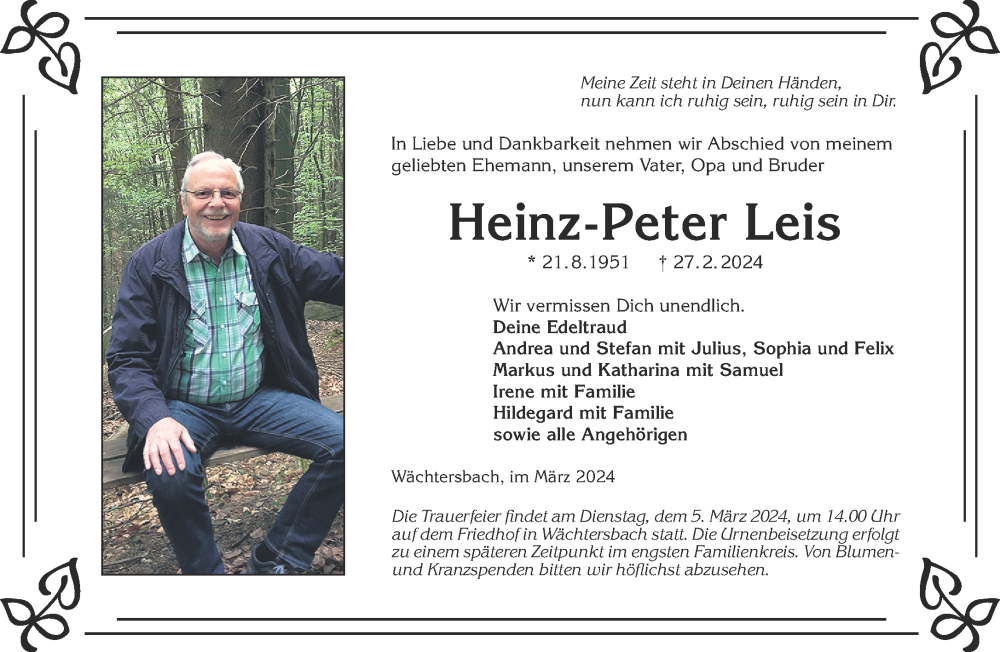  Traueranzeige für Heinz-Peter Leis vom 02.03.2024 aus Mittelhessen-Bote
