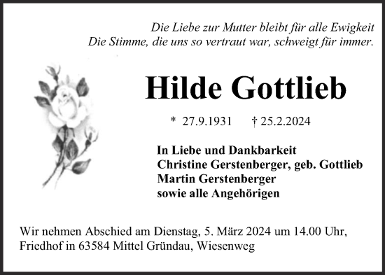 Traueranzeige von Hilde Gottlieb von Mittelhessen-Bote