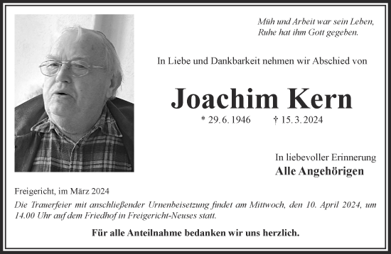 Traueranzeige von Joachim Kern von Gelnhäuser Neue Zeitung