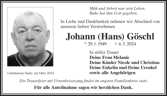 Traueranzeige von Johann Göschl von Gelnhäuser Neue Zeitung