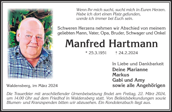 Traueranzeige von Manfred Hartmann von Gelnhäuser Neue Zeitung
