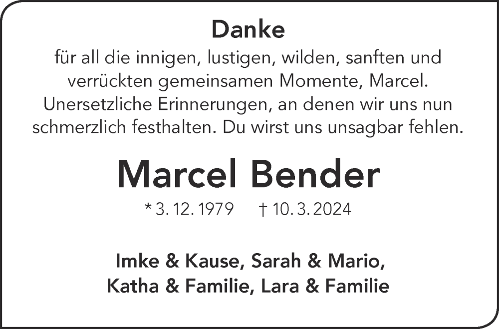  Traueranzeige für Marcel Bender vom 16.03.2024 aus Gelnhäuser Neue Zeitung