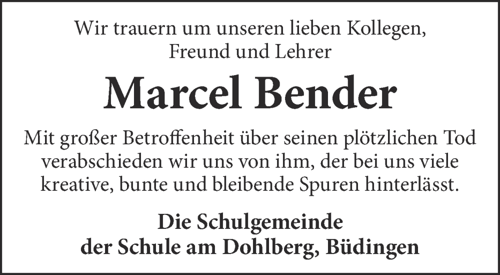  Traueranzeige für Marcel Bender vom 16.03.2024 aus Gelnhäuser Neue Zeitung