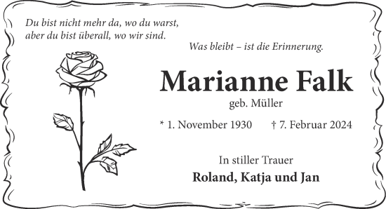 Traueranzeige von Marianne Falk von Gelnhäuser Neue Zeitung