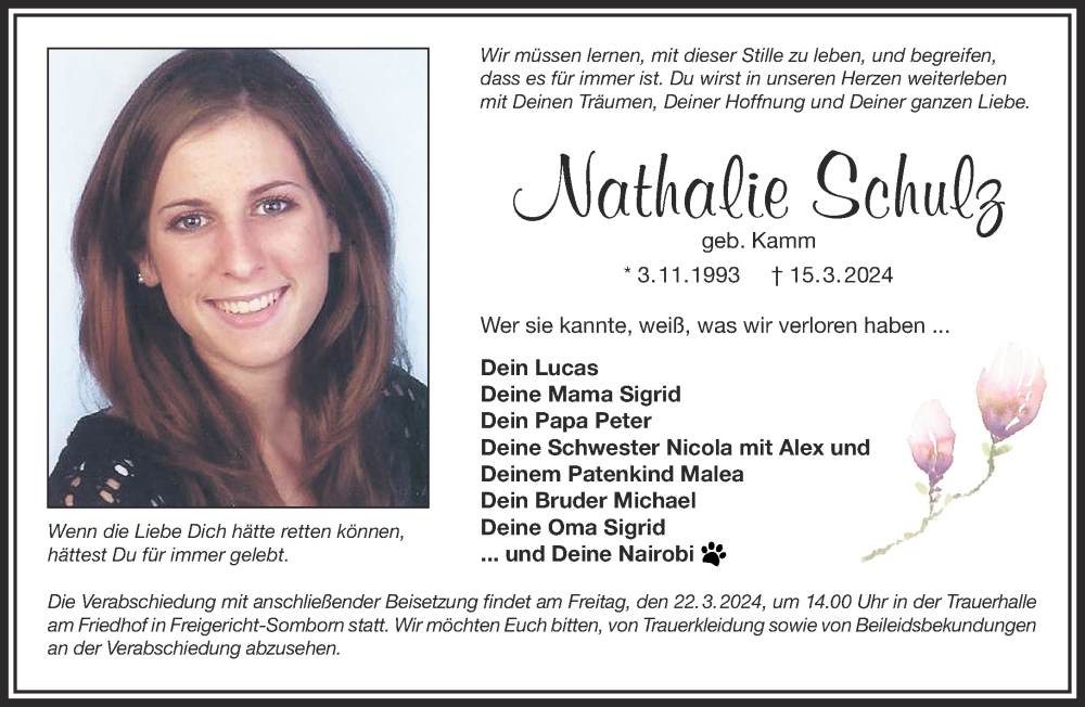  Traueranzeige für Nathalie Schulz vom 20.03.2024 aus Gelnhäuser Neue Zeitung