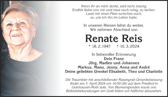 Traueranzeige von Renate Reis von Mittelhessen-Bote