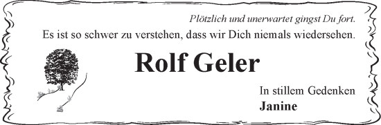 Traueranzeige von Rolf Geler von Gelnhäuser Neue Zeitung