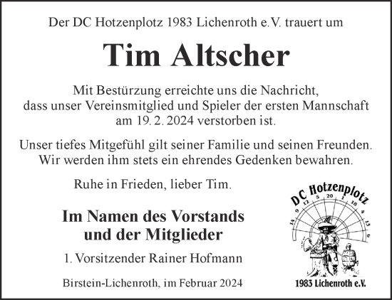 Traueranzeige von Tim Altscher von Gelnhäuser Neue Zeitung