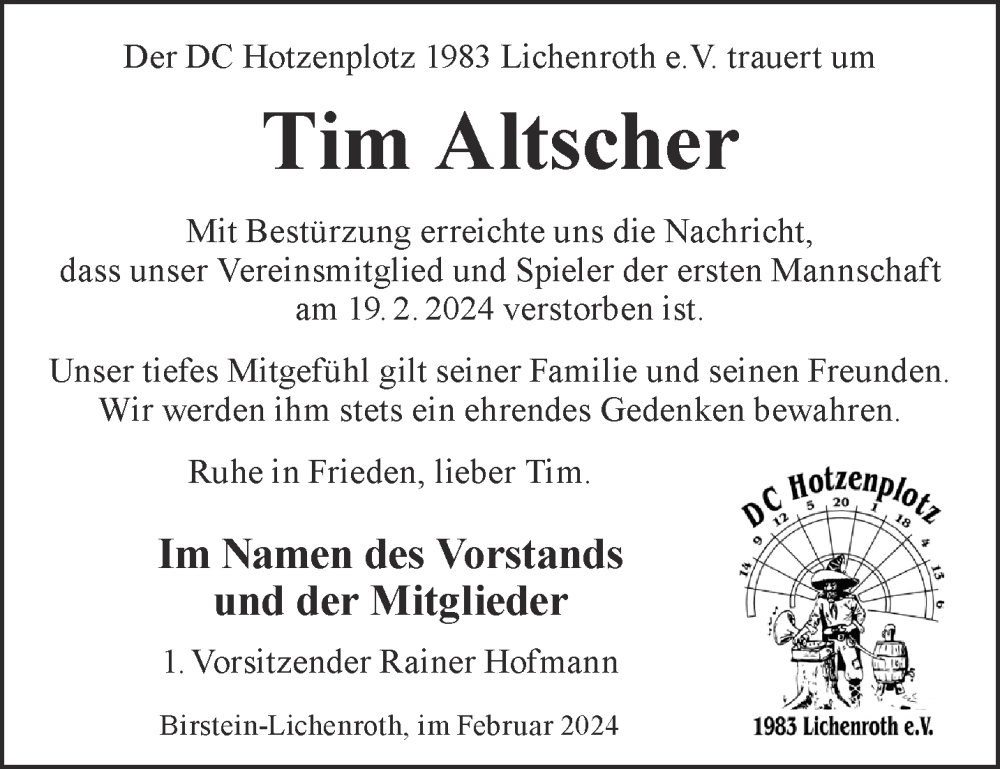  Traueranzeige für Tim Altscher vom 02.03.2024 aus Gelnhäuser Neue Zeitung