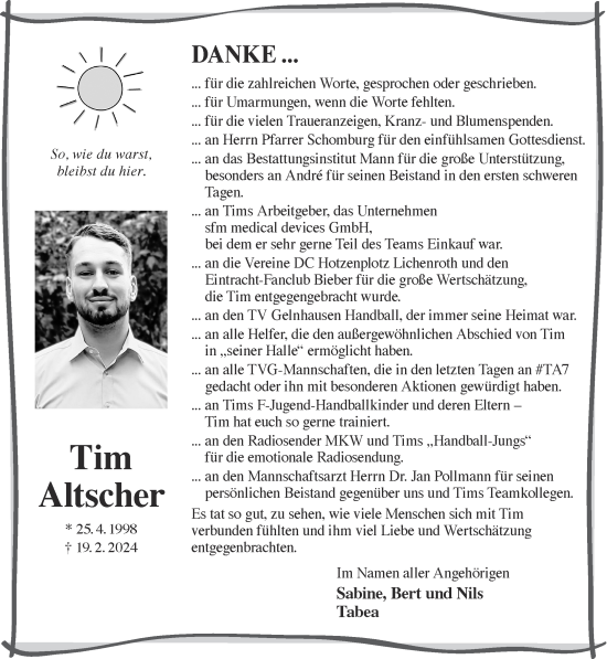 Traueranzeige von Tim Altscher von Gelnhäuser Neue Zeitung