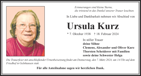 Traueranzeige von Ursula Kurz von Gelnhäuser Neue Zeitung