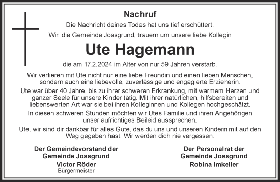 Traueranzeige von Ute Hagemann von Mittelhessen-Bote