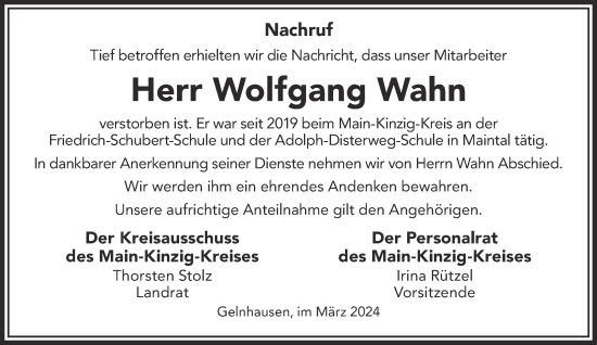 Traueranzeige von Wolfgang Wahn von Mittelhessen-Bote