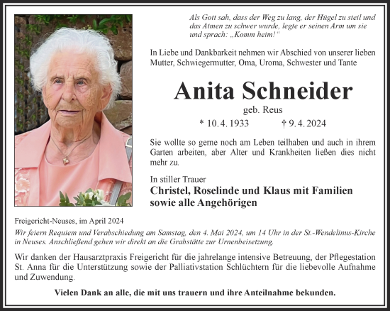 Traueranzeige von Anita Schneider von Mittelhessen-Bote