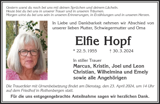 Traueranzeige von Elfie Hopf von Gelnhäuser Neue Zeitung