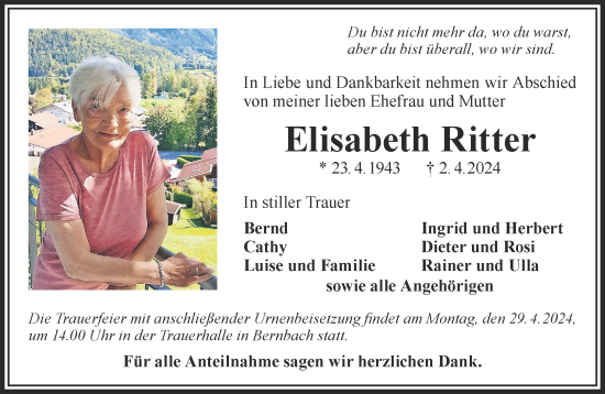 Traueranzeige von Elisabeth Ritter von Gelnhäuser Neue Zeitung
