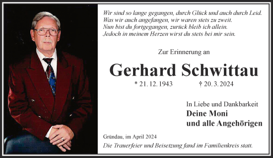 Traueranzeige von Gerhard Schwittau von Gelnhäuser Neue Zeitung