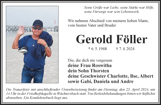 Traueranzeige von Gerold Föller von Gelnhäuser Neue Zeitung