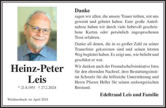 Traueranzeige von Heinz-Peter Leis von Gelnhäuser Neue Zeitung