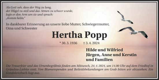 Traueranzeige von Hertha Popp von Gelnhäuser Neue Zeitung