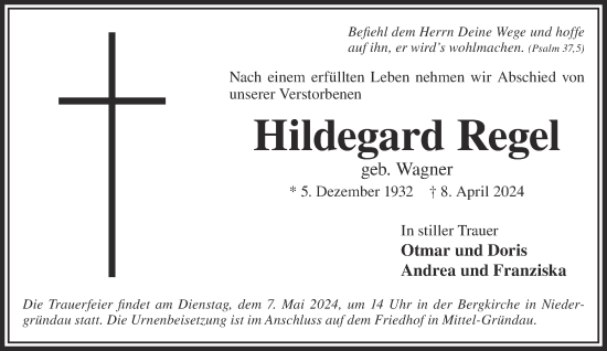 Traueranzeige von Hildegard Regel von Gelnhäuser Neue Zeitung