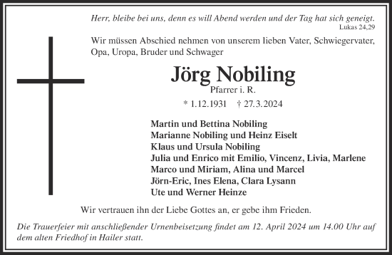 Traueranzeige von Jörg Nobiling von Gelnhäuser Neue Zeitung