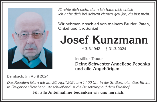 Traueranzeige von Josef Kunzmann von Mittelhessen-Bote