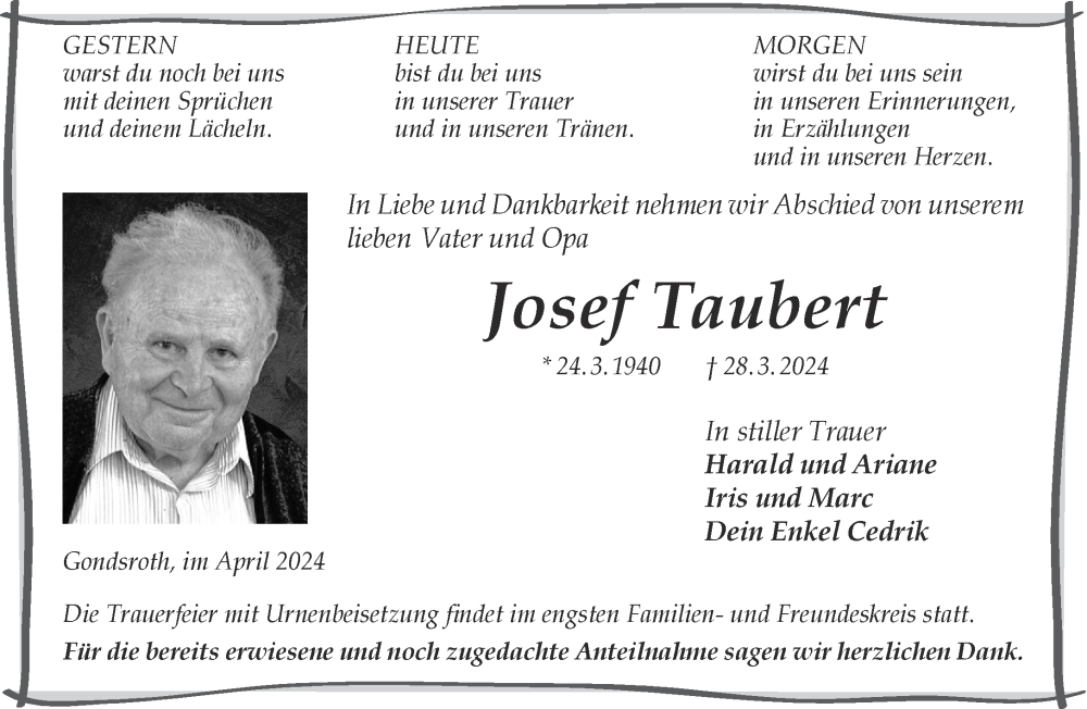  Traueranzeige für Josef Taubert vom 06.04.2024 aus Gelnhäuser Neue Zeitung