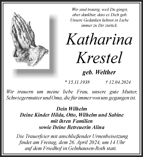 Traueranzeige von Katharina Krestel von Gelnhäuser Neue Zeitung