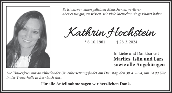 Traueranzeige von Kathrin Hochstein von Gelnhäuser Neue Zeitung