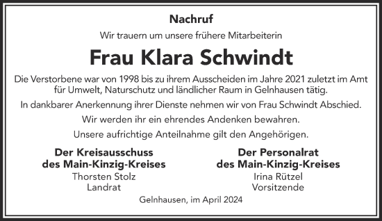 Traueranzeige von Klara Schwindt von Mittelhessen-Bote