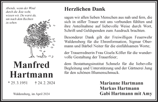 Traueranzeige von Manfred Hartmann von Gelnhäuser Neue Zeitung