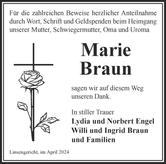 Traueranzeige von Marie Braun von Mittelhessen-Bote