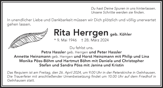 Traueranzeige von Rita Herrgen von Gelnhäuser Neue Zeitung