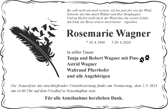 Traueranzeige von Rosemarie Wagner von Gelnhäuser Neue Zeitung