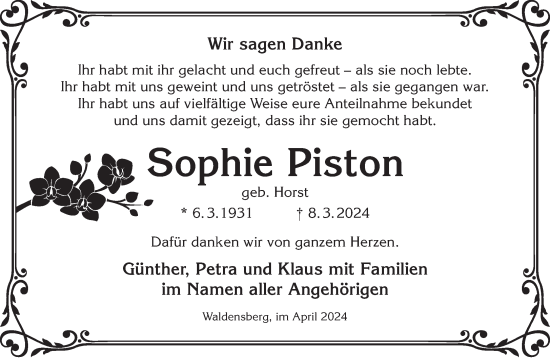 Traueranzeige von Sophie Piston von Gelnhäuser Neue Zeitung