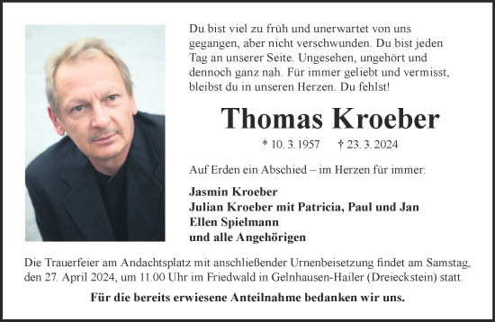 Traueranzeige von Thomas Kroeber von Gelnhäuser Neue Zeitung