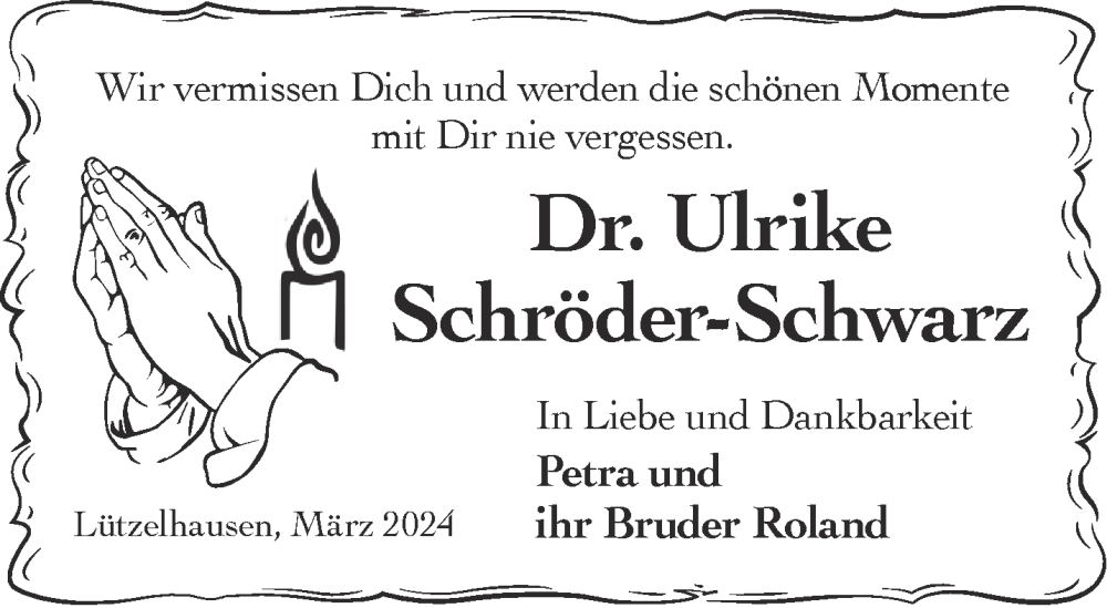  Traueranzeige für Ulrike Schröder-Schwarz vom 06.04.2024 aus Gelnhäuser Neue Zeitung
