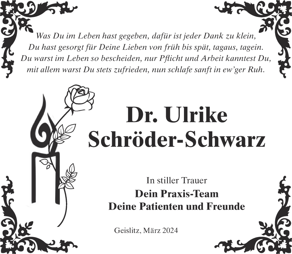  Traueranzeige für Ulrike Schröder-Schwarz vom 06.04.2024 aus Gelnhäuser Neue Zeitung