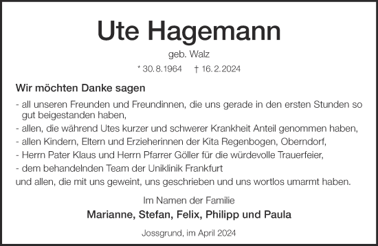 Traueranzeige von Ute Hagemann von Gelnhäuser Neue Zeitung